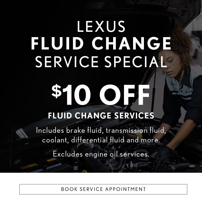 Banner showing a Lexus technician working under the hood of a vehicle, with text promoting $10 off fluid change services including brake, transmission, coolant, and differential fluids, excluding engine oil.
