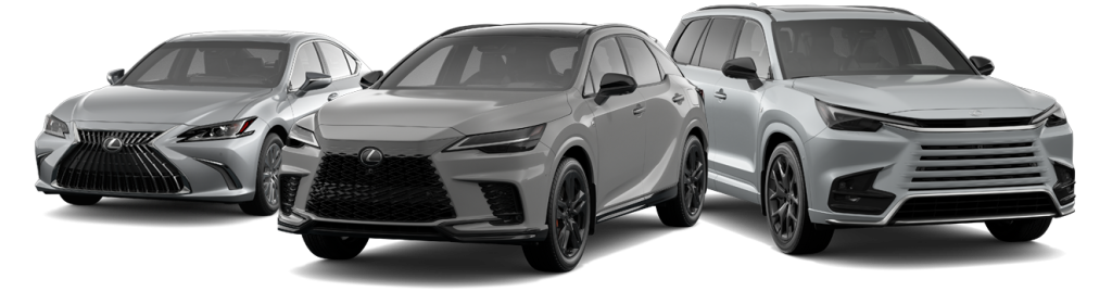 Studio image of three Lexus vehicles—ES sedan, RX SUV, and TX SUV—lined up.