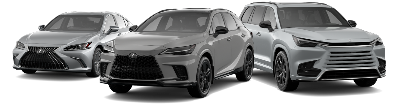 Studio image of three Lexus vehicles—ES sedan, RX SUV, and TX SUV—lined up.