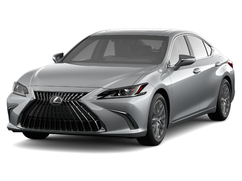 Studio image of a silver 2025 Lexus ES sedan shown from a front-side angle.