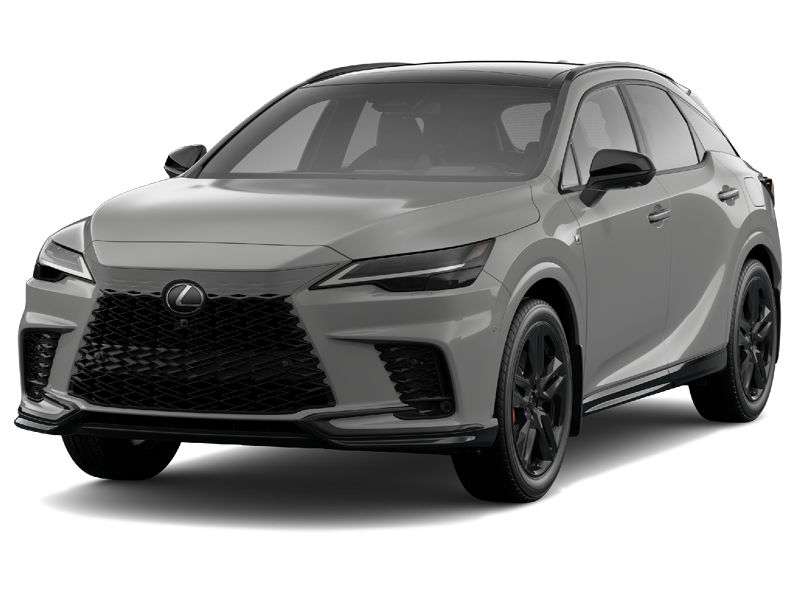 Studio image of a grey 2025 Lexus RX SUV shown from the front driver-side angle.