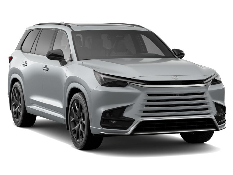 Studio image of a silver 2025 Lexus TX SUV shown from a front driver-side angle.